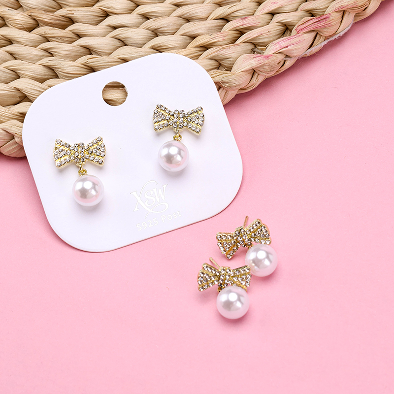 Diamond Bow Tie Pearl Ear Studs