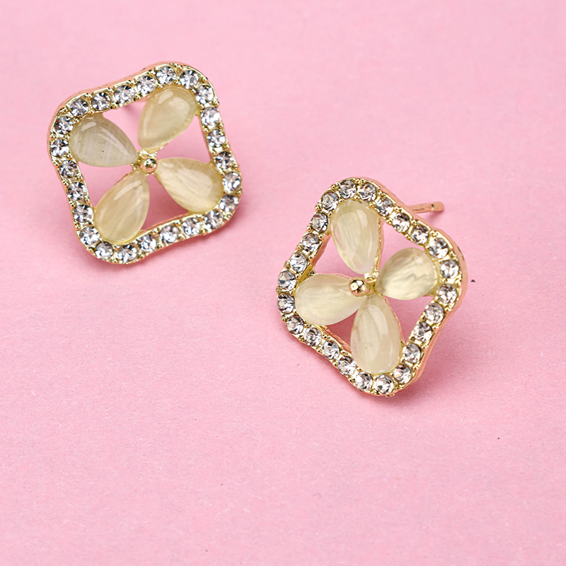 Square Rhinestone Flower Ear Studs